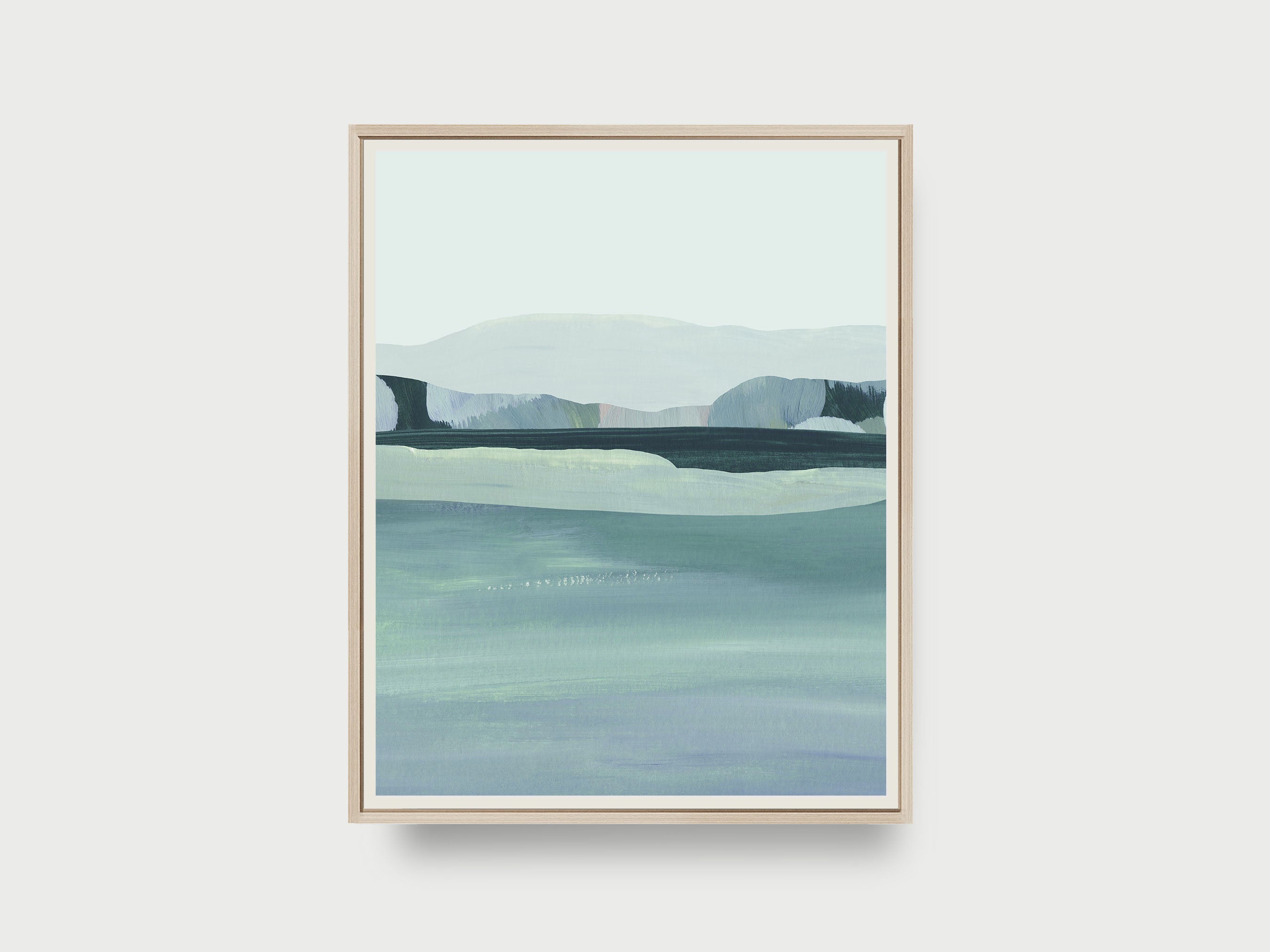 blue abstract minimal lake landscape art print depicting serene waters, distant mountains, and clear skies