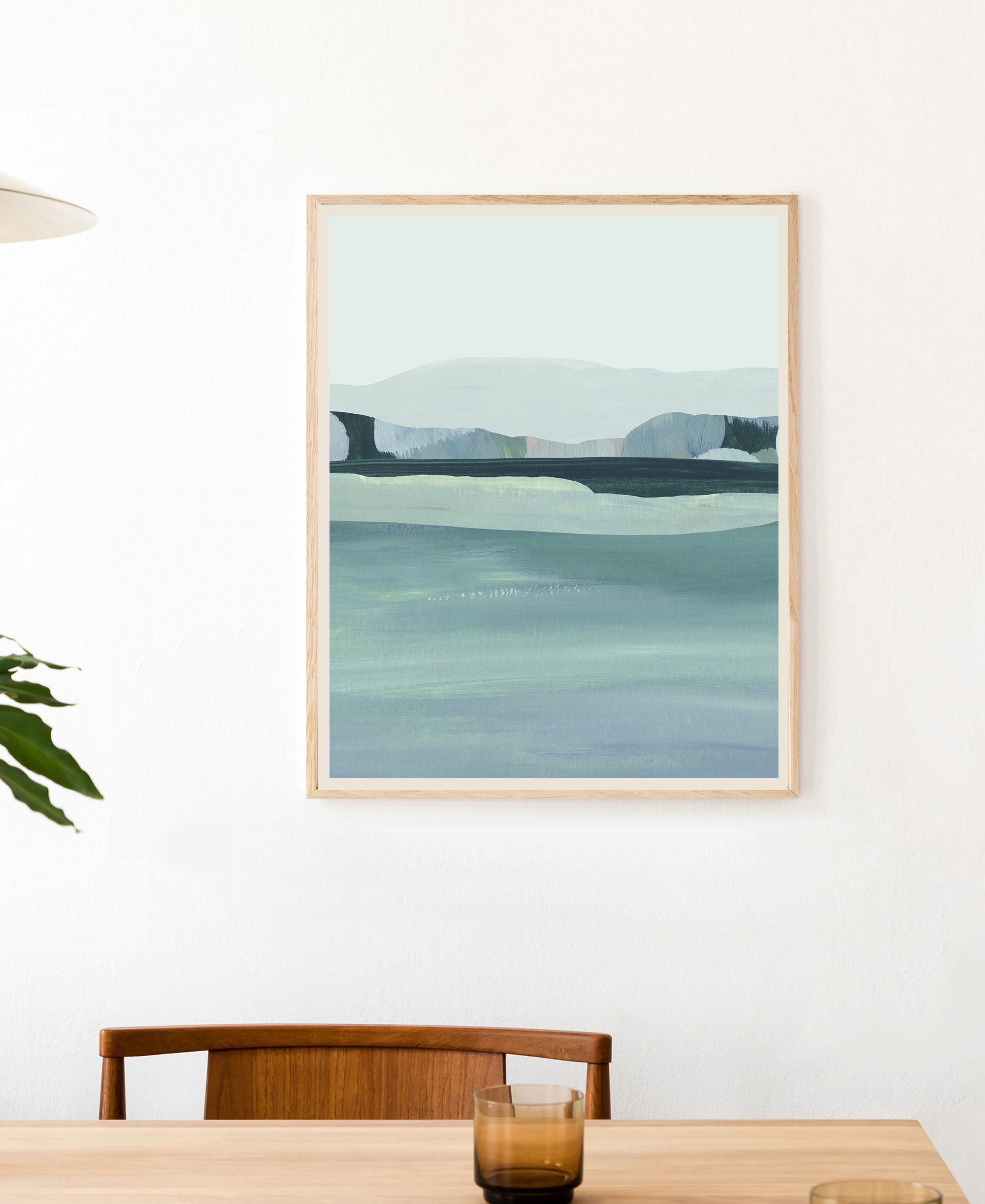 contemporary wall art featuring tranquil nature scene in shades of blue and white