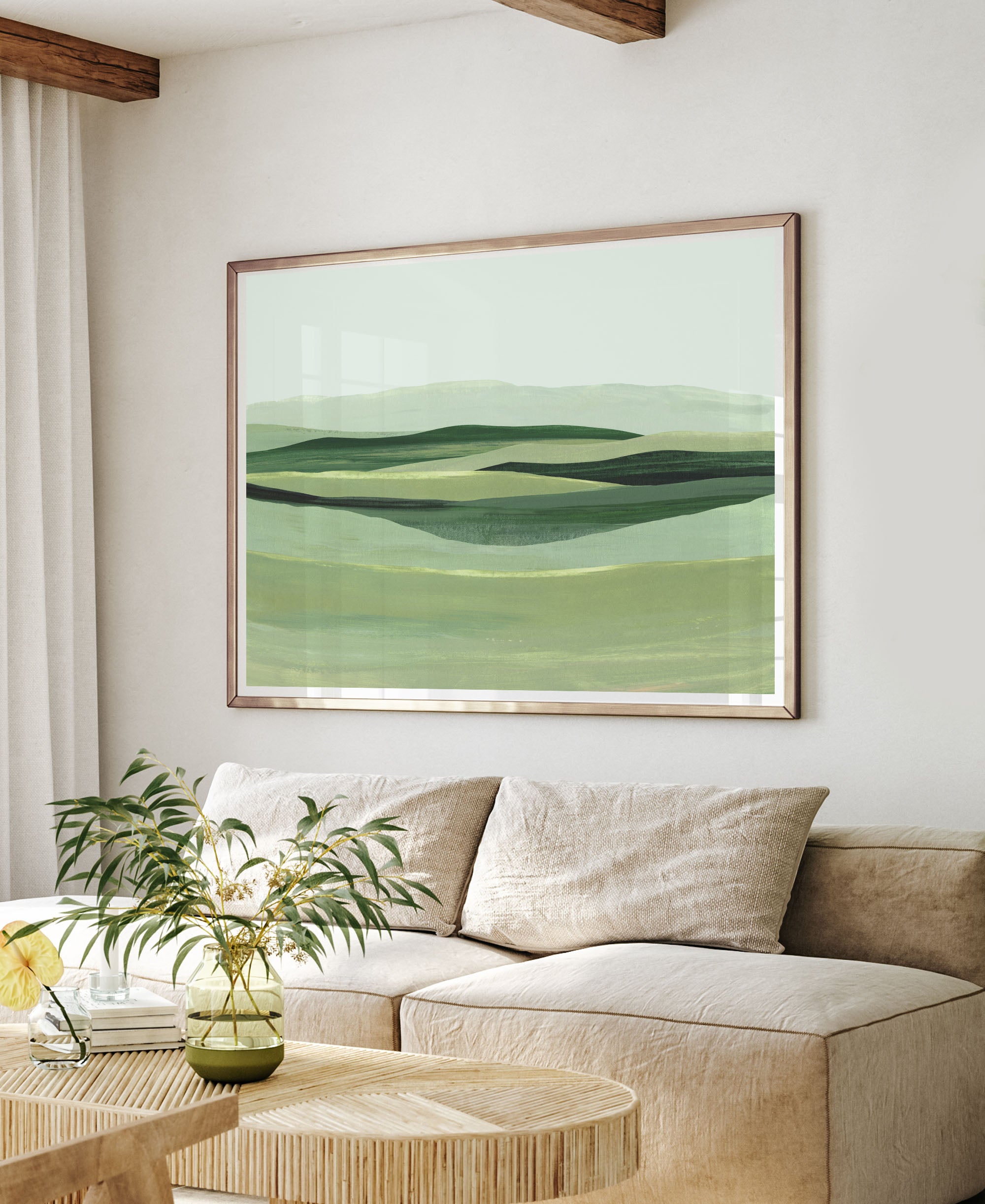 large acrylic landscape painting in a green color palette for living room wall