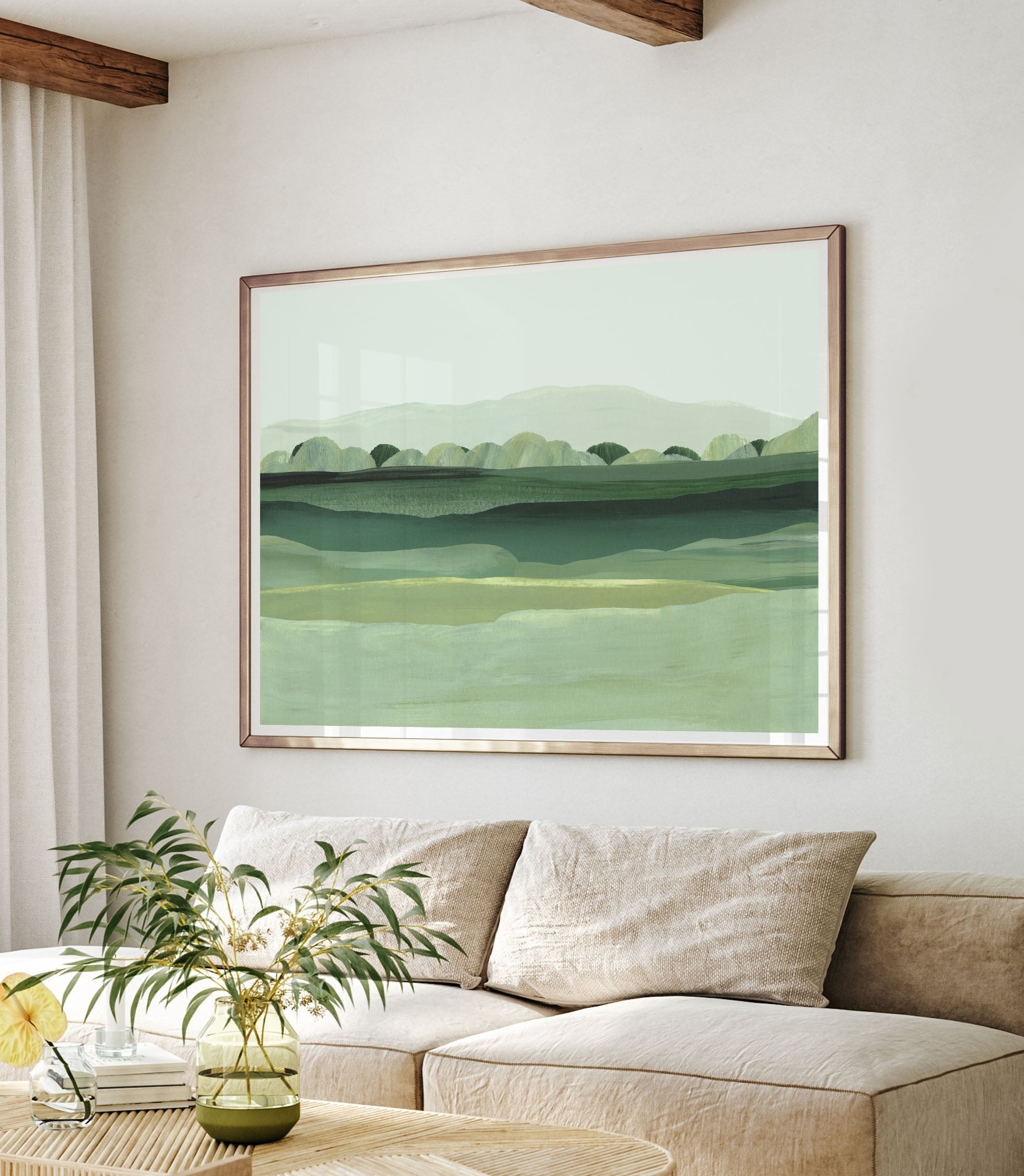 extra large modern acrylic painting of a lake and forest